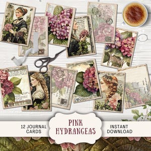 Carnet cartonné hortensias roses 12 cartes postales numériques ATC éphémères imprimables, artisanat en papier vintage gothique floral botanique médiéval PKHD