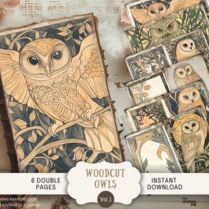 Gravure sur bois lunatique hiboux Junk Journal Pages 6 papiers de scrapbooking numérique 11 x 8,5" Art imprimable WHO3 linogravure linogravure hibou oiseaux neutres WHO3