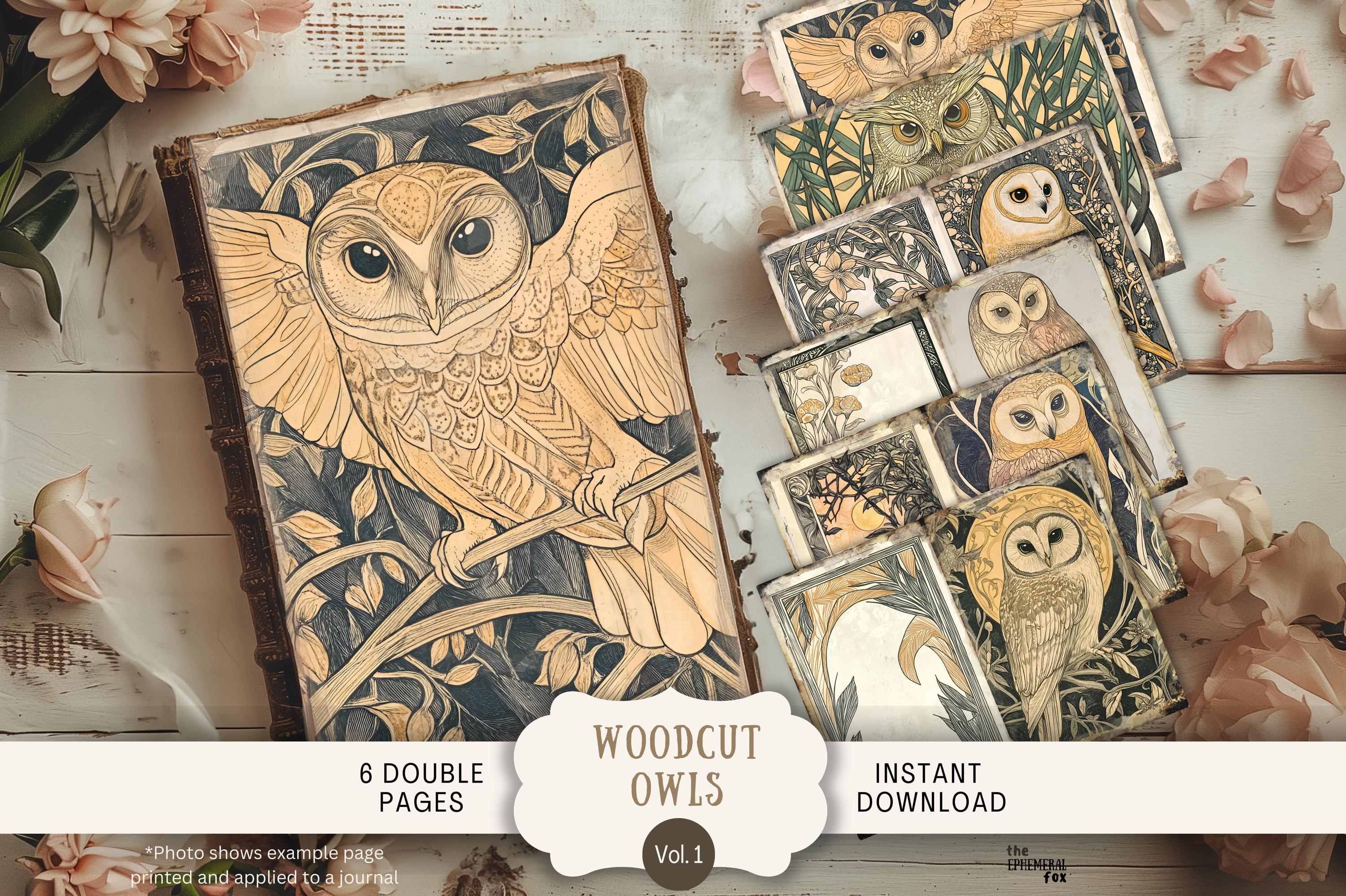 Woodcut Whimsical Owls Junk Journal Pages 6 Digital Scrapbook Papers 11 x 8.5" Art Printable WH