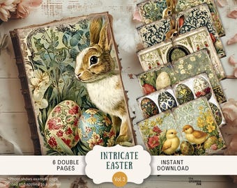 May include: A digital scrapbook kit with six double-sided pages featuring an intricate Easter theme. The pages include images of bunnies, eggs, chicks, and floral designs in a vintage style. The text "Intricate Easter Vol. 3" is printed on the cover.