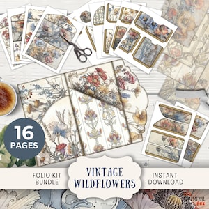 Vintage Wildflower Junk Journal Folio 16 Digital Mix and Match Pages et pochettes 11 x 8,5" Imprimable à trois volets bleu pastel et rose VTWF