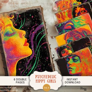 Páginas de diario basura de chicas hippies psicodélicas, 6 papeles de álbum de recortes digitales de 11 x 8,5 pulgadas, para imprimir con motivos retro, modernos, psicodélicos, vintage, hippies y grunge PYHG