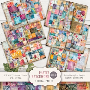 May include: Six digital papers featuring a pastel patchwork design. The papers incorporate a range of colours and patterns, including floral, geometric, and abstract designs. The papers are ideal for scrapbooking, card making, and other craft projects.