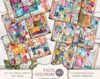 May include: Six digital papers featuring a pastel patchwork design. The papers incorporate a range of colours and patterns, including floral, geometric, and abstract designs. The papers are ideal for scrapbooking, card making, and other craft projects.
