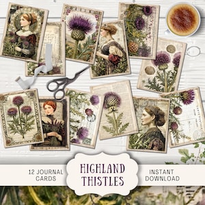 Cartões de diário Scottish Thistle Junk, 12 cartões postais digitais ATC para impressão, itens efêmeros, artesanato em papel, Escócia medieval, terras altas, gótico, SCTH