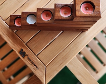 Mahonie kaarsenhouder – Handgemaakte houten kandelaarsset, rustiek huisdecor, modern natuurlijk hout cadeau