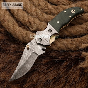 Handmade Damascus Folding Pocket Knife with Leather Sheath