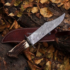Handmade Damascus Steel Bowie Knife: Stag Horn Handle, Leather Sheath