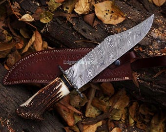 Handmade Damascus Steel Bowie Knife: Stag Horn Handle, Leather Sheath