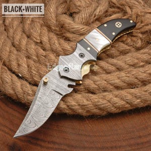 Navaja plegable de acero de Damasco artesanal de 3 piezas: Navaja de bolsillo de 18 cm con funda de cuero