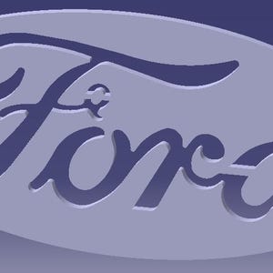 May include: A blue and white Ford logo in a stylized script font. The logo is inside an oval shape.