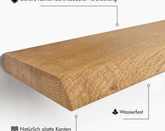 Echt-Möbel Wandregal aus massiver Eiche mit geschliffener Baumkante - Freischwebendes Echtholz Regalbrett inkl. Montagematerial