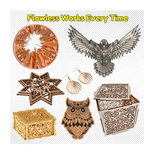 May include: A collection of laser cut wooden designs, including a star-shaped coaster, a small box, a larger box with a lid, a pair of earrings, an owl, and a flying eagle. The designs are intricate and detailed, with a variety of patterns and shapes.