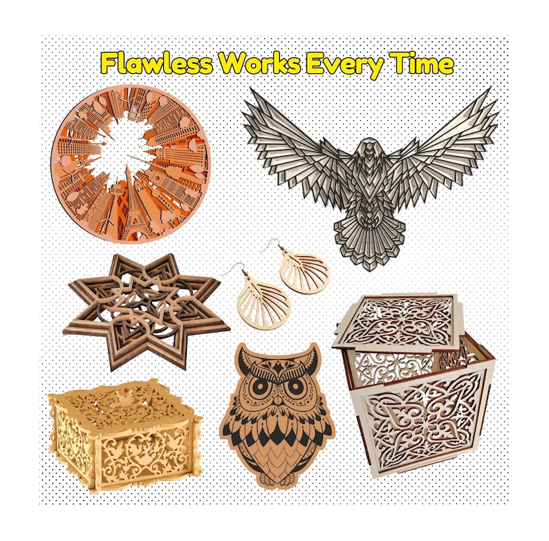 May include: A collection of laser cut wooden designs, including a star-shaped coaster, a small box, a larger box with a lid, a pair of earrings, an owl, and a flying eagle. The designs are intricate and detailed, with a variety of patterns and shapes.