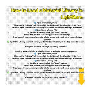 May include: A step-by-step guide on how to load a material library in LightBurn software. The guide includes instructions on how to open the Library Panel, load a library file, and assign materials to layers. The guide also includes a tip on how to enable the Library tab if it is not visible.