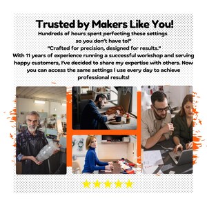 May include: Four images of people working in their workshops. The first image shows a person working with glass. The second image shows a person working with wood. The third image shows a person working with fabric. The fourth image shows a person working with a computer. The text on the image reads "Trusted by Makers Like You! Hundreds of hours spent perfecting these settings so you don't have to!" "Crafted for precision, designed for results." With 11 years of experience running a successful workshop and serving happy customers, I've decided to share my expertise with others. Now you can access the same settings I use every day to achieve professional results!"