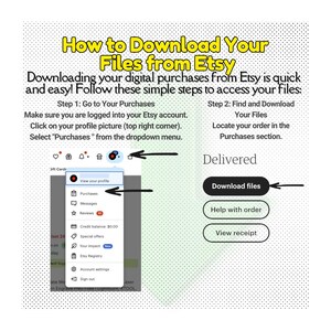 May include: A graphic illustration showing how to download digital purchases from Etsy. The image shows a screenshot of the Etsy website with a dropdown menu showing the "Purchases" option. The image also shows a screenshot of the Etsy purchase confirmation page with buttons for "Download files", "Help with order", and "View receipt".