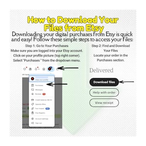 May include: A graphic illustration showing how to download digital purchases from Etsy. The image shows a screenshot of the Etsy website with a dropdown menu showing the "Purchases" option. The image also shows a screenshot of the Etsy purchase confirmation page with buttons for "Download files", "Help with order", and "View receipt".