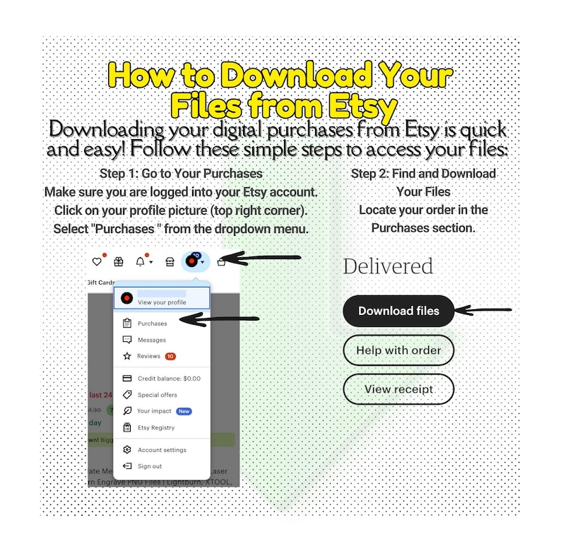 May include: A graphic illustration showing how to download digital purchases from Etsy. The image shows a screenshot of the Etsy website with a dropdown menu showing the "Purchases" option. The image also shows a screenshot of the Etsy purchase confirmation page with buttons for "Download files", "Help with order", and "View receipt".