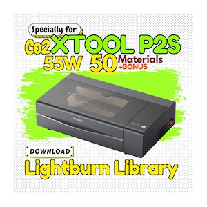 Może przedstawiać: Czarny laser CO2 z napisem "XTOOL P2S 55W 50 Materials +BONUS" na przedniej stronie. Tekst "Specially for" znajduje się nad nazwą produktu. Tekst "DOWNLOAD Lightburn Library" znajduje się pod produktem.