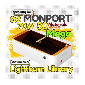 Könnte beinhalten: Ein weißer Lasergravierer mit goldener Einfassung und einem durchsichtigen Deckel. Der Gravierer ist mit "CO2 MONPORT 70W 50 Materials +BONUS Mega" beschriftet. Der Text "DOWNLOAD Lightburn Library" ist ebenfalls sichtbar.