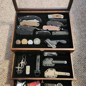 3-Tier Large Knife Display Case , Pocket Knife Organizer and Storage Box with Transparent Lid & Drawer image 1