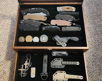 3-Tier Large Knife Display Case ,  Pocket Knife Organizer and Storage Box with Transparent Lid & Drawer