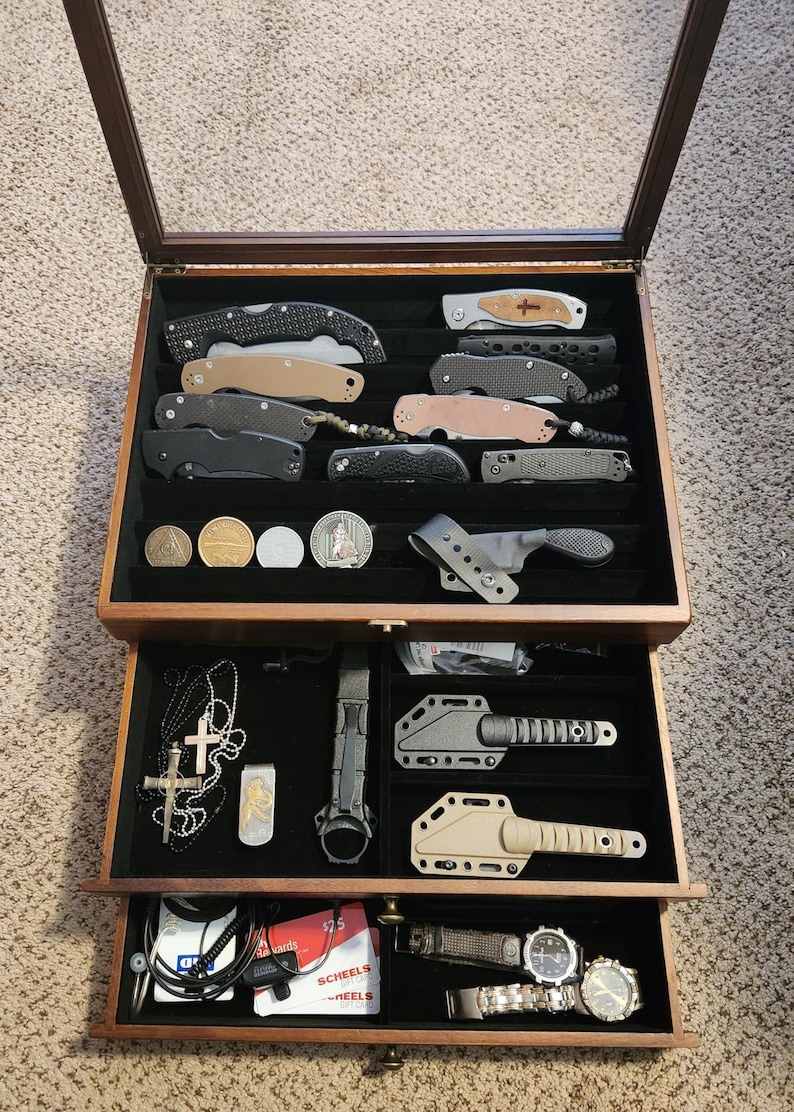 3-Tier Large Knife Display Case , Pocket Knife Organizer and Storage Box with Transparent Lid & Drawer image 1