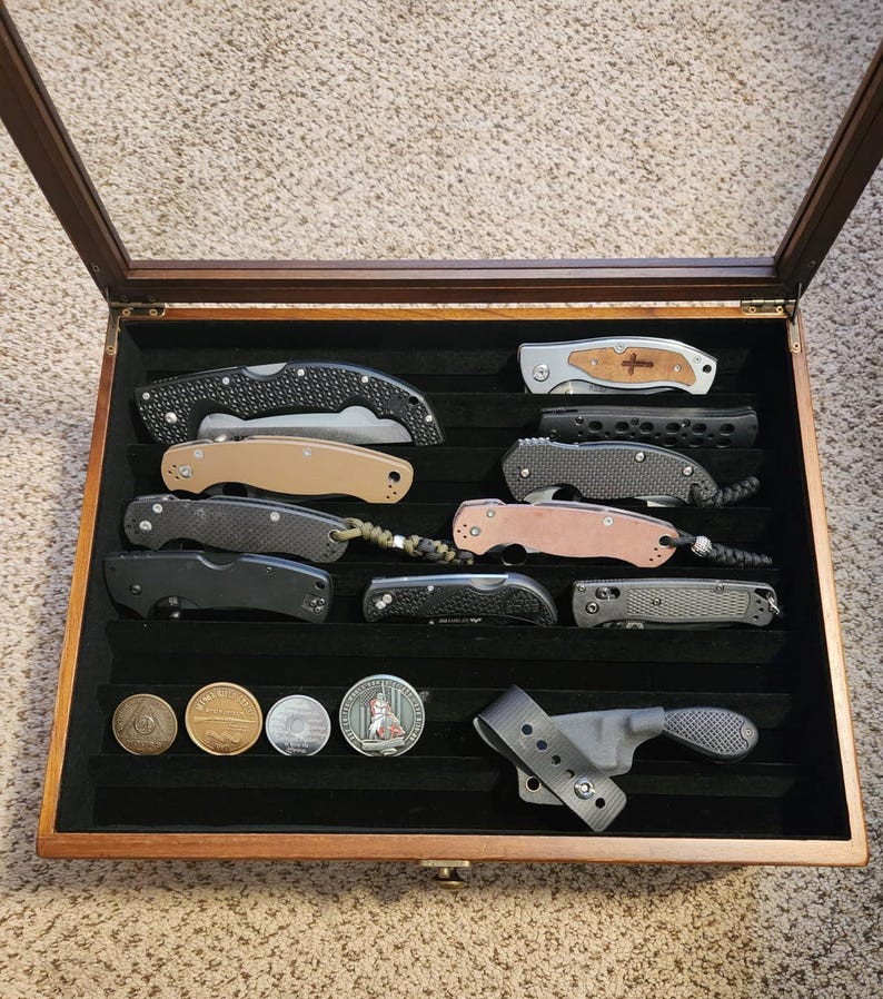 3-Tier Large Knife Display Case , Pocket Knife Organizer and Storage Box with Transparent Lid & Drawer image 6