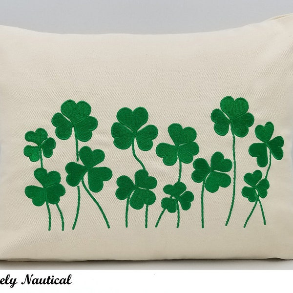 Embroidered Pillow Cover - Shamrock - St Patrick's Day - Fits 12"x16" Insert - Natural Color-Denim-Bright Green Embroidery (READY TO SHIP)