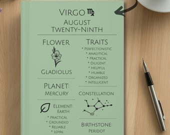 Hardcover Personalized Journal Notebook,  Personalized Birthflower Gift for Her, Custom Zodiac Journal, Virgo, August Birth Month Gift