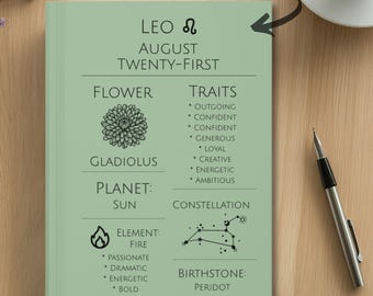 Hardcover Personalized Journal Notebook,  Personalized Birthflower Gift for Her, Custom Zodiac Journal, Leo, August Birth Month Gift