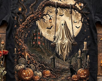 Vintage Ghost Swing Png,Gothic Halloween Night Sublimation Design, Haunted Castle Moon Shirt Png,Spooky Graveyard Pumpkin Fall Aesthetic Art