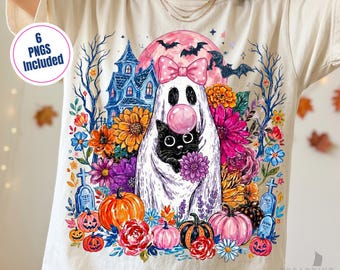 Ghost Blowing Bubble Gum and Black Cat Png,Brushstroke Halloween Sublimation Design,Girly Spooky Season Shirt design,Trendy Floral Fall Png