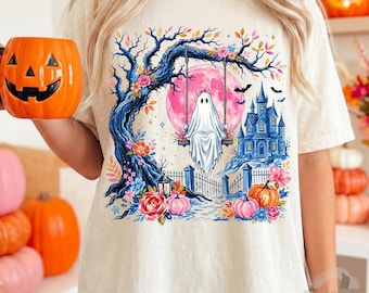 Halloween ghost Png, Haunted Ghost Swing,Pink Moon Halloween Sublimation,Trendy Girly Floral Haunted House Design,Brushstroke Halloween PNG