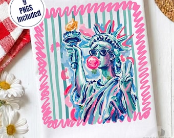 4th of July Statue of Liberty Blowing Bubble Png,USA Png,Preppy Stripes Png,Preppy Trending ,America 4th July Patriotic Png Design,Girly Png