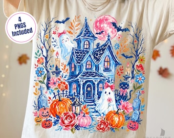 Pacchetto PNG Casa Infestata, Sublimazione Halloween Pennellata, Fantasma Zucca Gatto Nero Pipistrelli Luna Piena, PNG Stagione Spettrale Femminile, Autunno Floreale di Tendenza