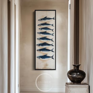 Quadro da parete con pesci nautici, stampa per cucina con sardine blu, decorazione per casa al mare, quadro verticale, tela alta e stretta / V010