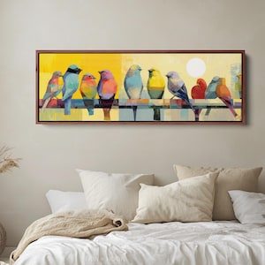 Stampa di uccelli colorati su recinzione, moderna arte murale astratta con uccelli, decorazione da parete in giallo brillante, arte murale orizzontale, tela lunga e stretta / H110