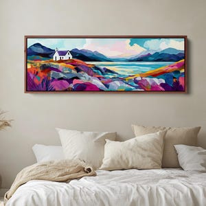 Colorful Coastal Landscape Wall Art Print, Vibrant Mountain Painting, Modern Cottage Decor, Horizontal Wall Art, Long Narrow Canvas | H032