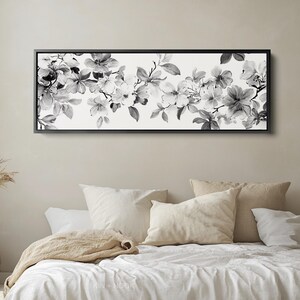 Monochrome Flower Wall Art, Black and White Botanical Canvas, Elegant Minimalist Decor, Horizontal Wall Art, Panoramic Art, Long Slim | H031