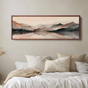 Hora Dorada II – Impresión minimalista de paisaje de montaña, acuarela en tonos cálidos y gris suave, arte mural horizontal, lienzo largo y estrecho / H103