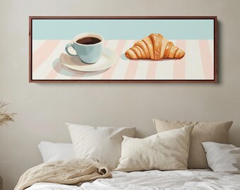 Coffee & Croissant Wall Art Print, Minimalist Breakfast Illustration, French Café Style, Panoramic Wall Art, Long Narrow Canvas | H010