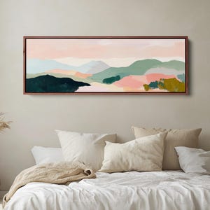 Canvaskunst bergpastelkleur: abstracte landschapsschilderkunst, zachtroze en groen decor