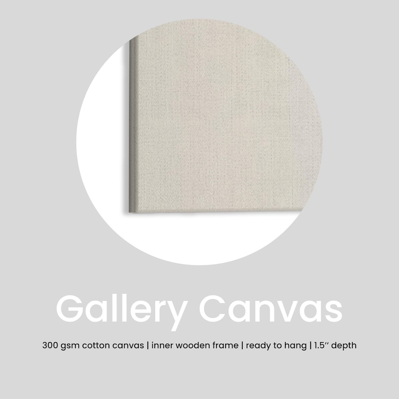 May include: A close-up of a gallery canvas with a textured, off-white surface. The text "Gallery Canvas" is displayed in a soft grey font. The description also includes "300 gsm cotton canvas | inner wooden frame | ready to hang | 3.8 cm depth."
