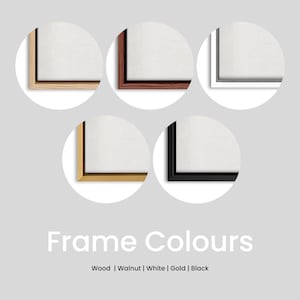 May include: Image displaying five picture frames in various colours: wood, walnut, white, gold, and black. Each frame encircles a white canvas, presented in a circular design. The text "Frame Colours" is shown below, with the frame colour options listed.