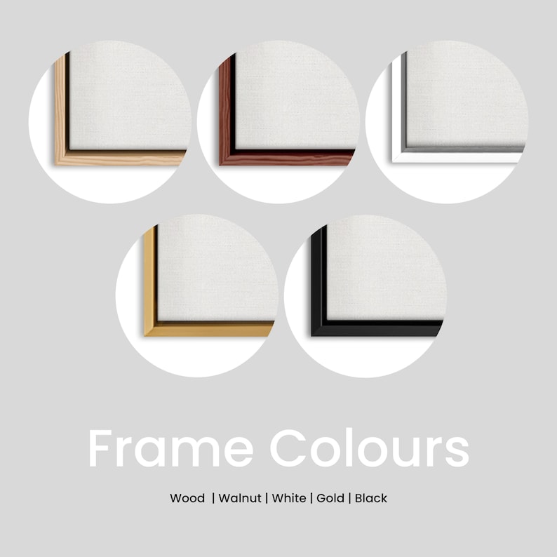 May include: Image displaying five picture frames in various colours: wood, walnut, white, gold, and black. Each frame encircles a white canvas, presented in a circular design. The text "Frame Colours" is shown below, with the frame colour options listed.