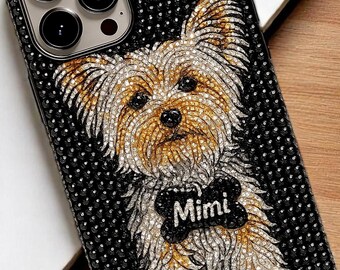 Rhinestone Custom Cat Portrait Phone Case with Name, Personalized Pet Photo Bling Cover for iPhone & Samsung, Custom Pet Gift for Dog Lovers