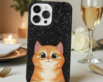 Süße Katze Bling Kristall Handyhülle iPhone 17 16 15 14 Air Pro Max Samsung S25 S24 Ultra, bedazzled Strass Handyhülle, Weihnachtsgeschenk