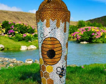 Honeycomb Bee Starbucks Coffee Tumbler Straw, Custom Name Honey Bee Personalized Rhinestone Bedazzled Cup, Christmas Gift Mother&#39;s Day Gift